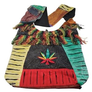 Patchwork rasta saddle bag 420 weed pot fringe colorfull fun hippi